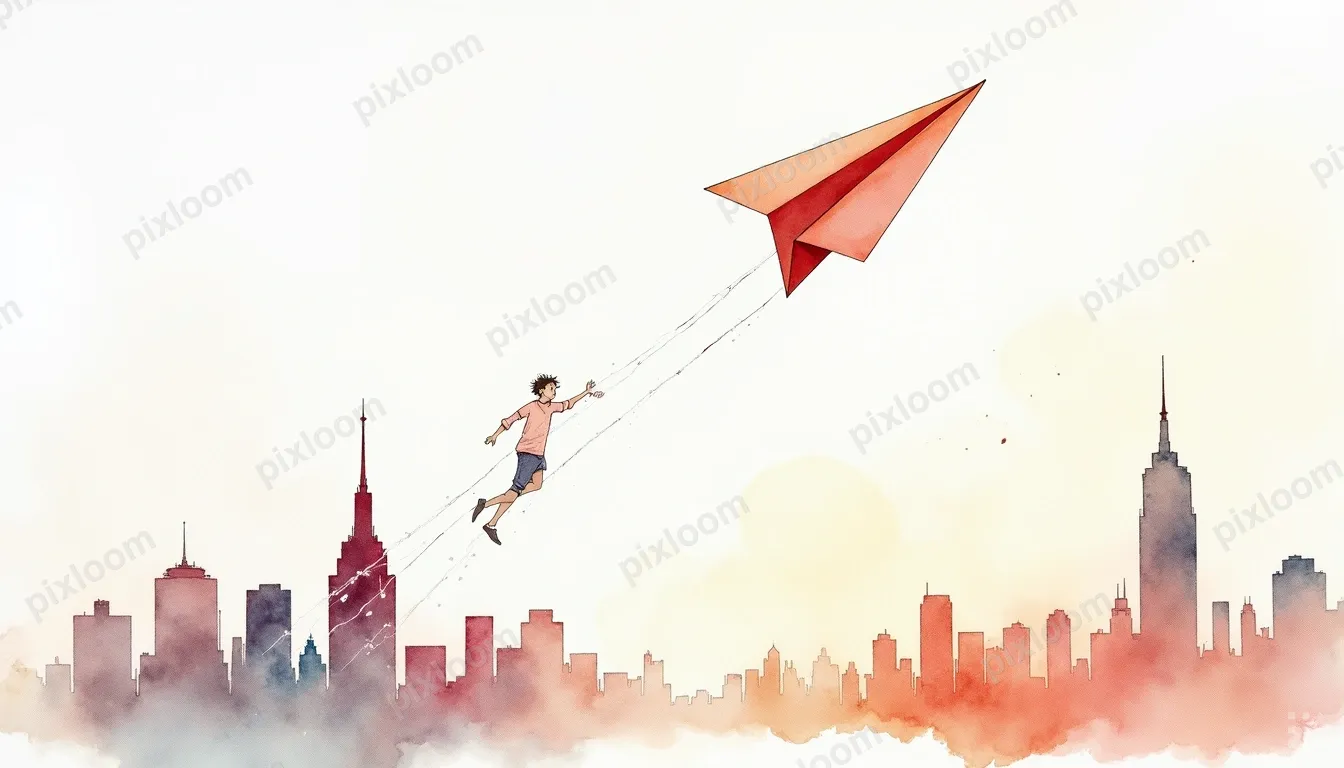 Watercolor of a paper airplane soaring over a cityscape, chi