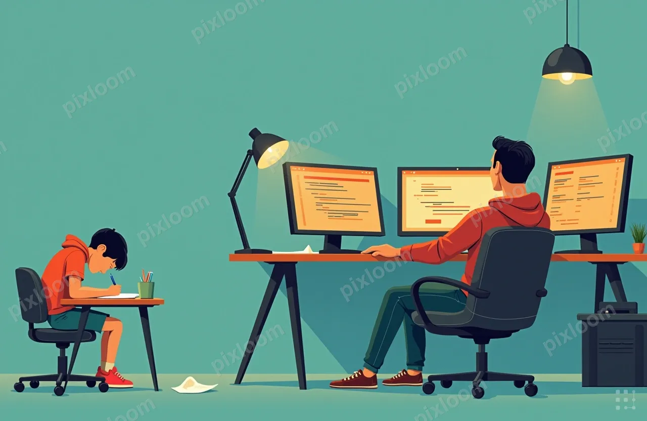 Flat vector illustration, cozy home office, warm soft natura
