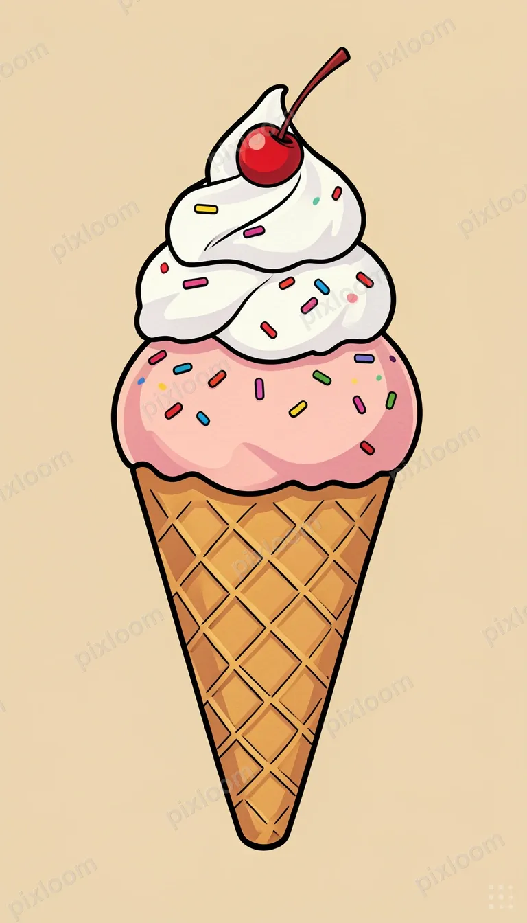 Cartoon ice cream sundae with three scoops, whipped cream, c