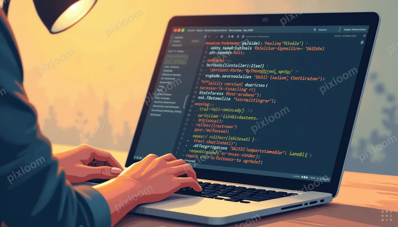 A close-up of hands on a laptop keyboard, slightly blurred, 