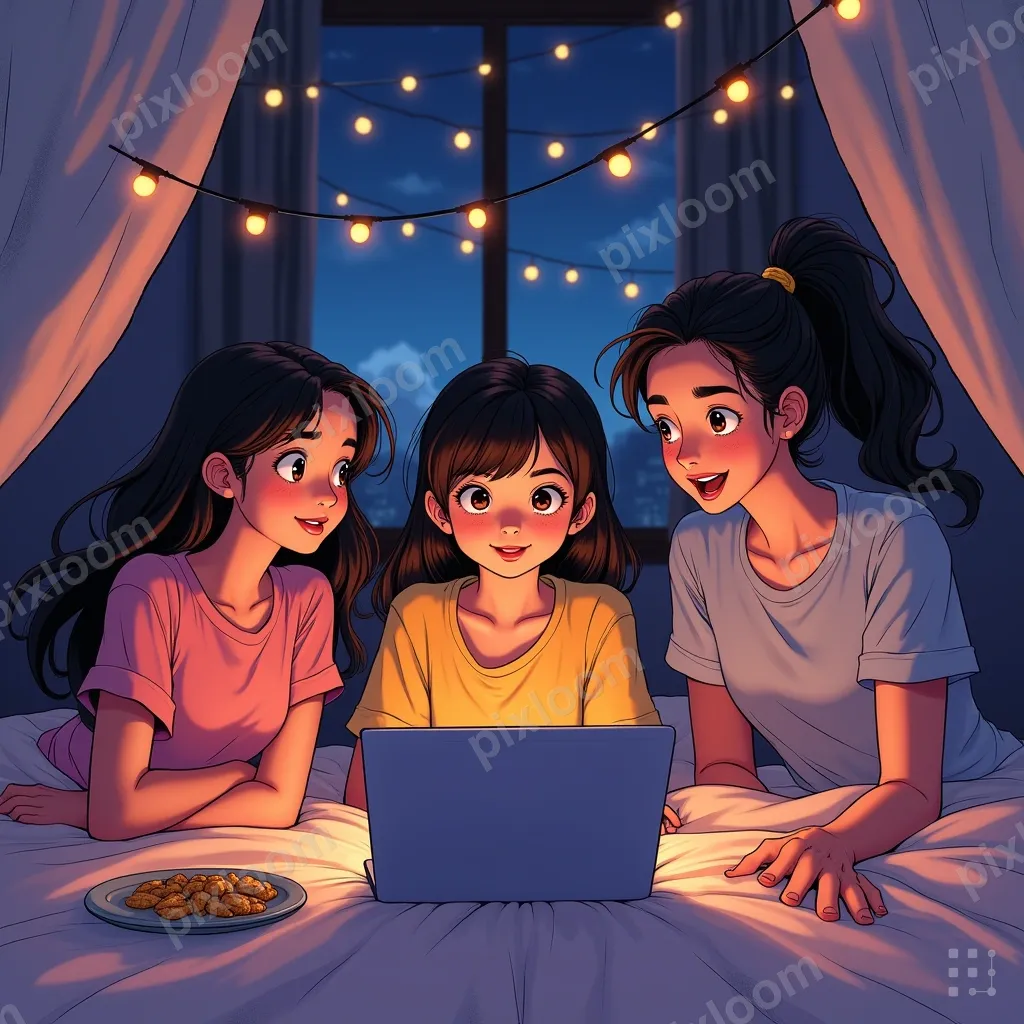 Teens at a sleepover, pillow fort, fairy lights, movies on l