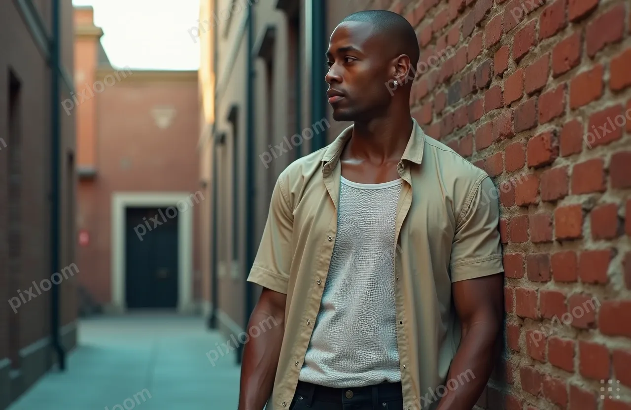 An urban street scene with a man leaning against a brick wal