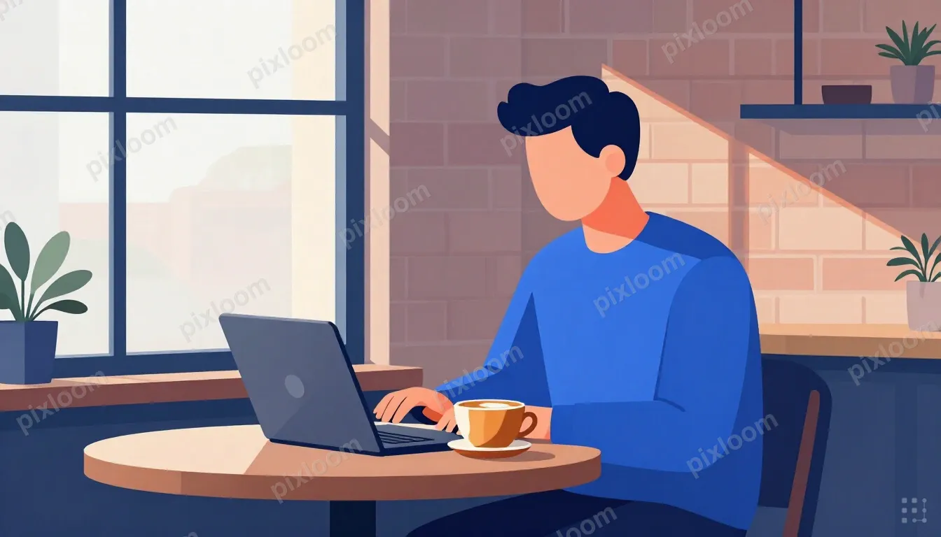 A freelancer at a sunlit coffee shop window seat, laptop ope