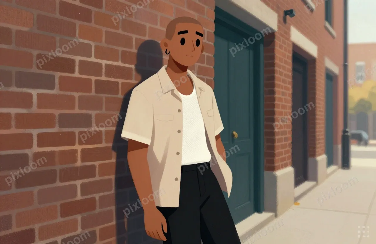 An urban street scene with a man leaning against a brick wal