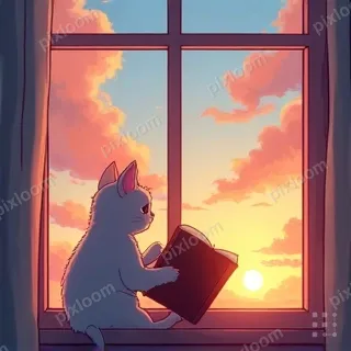 a cat reading a book by the window