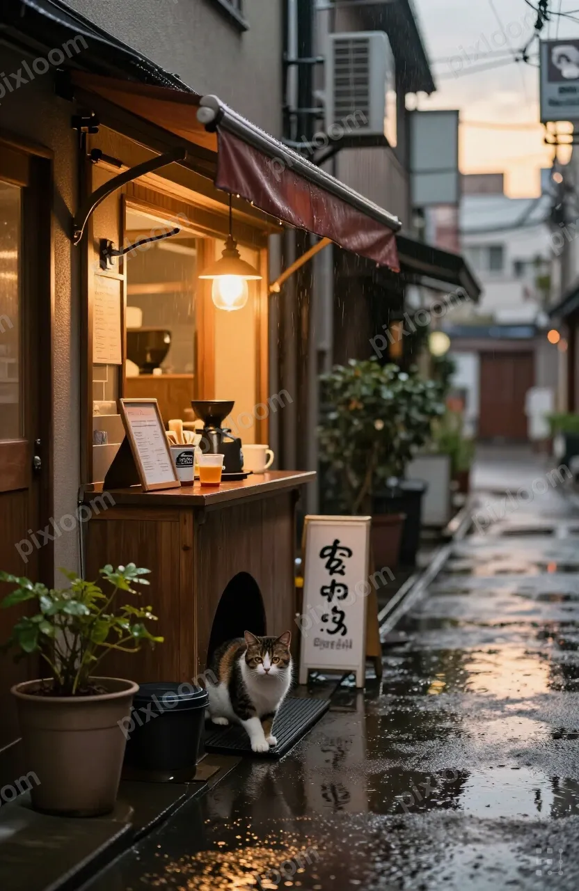 Rain-soaked Tokyo alley at dusk, a tiny coffee stand with a 