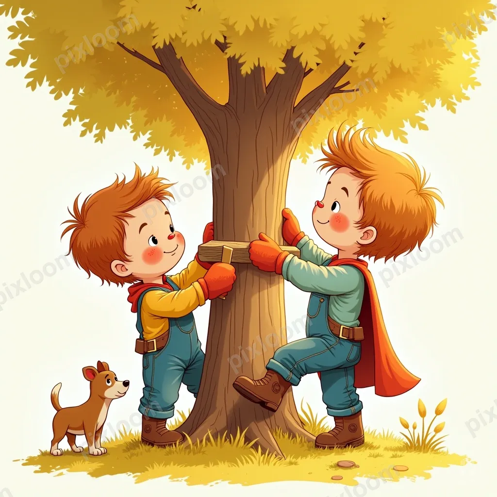 Comic-style kids building a treehouse, one kid hammering, on