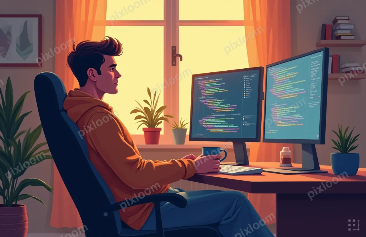 A relaxed engineer in a hoodie leaning back in a chair, coff